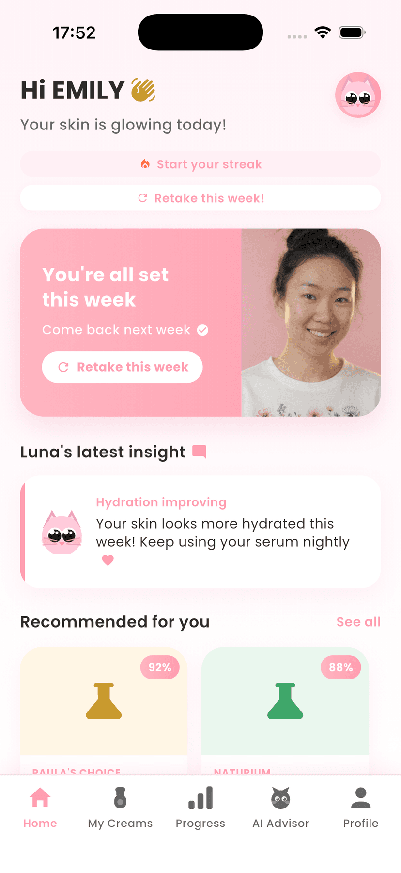 Luna Glow home screen with weekly skin insight
